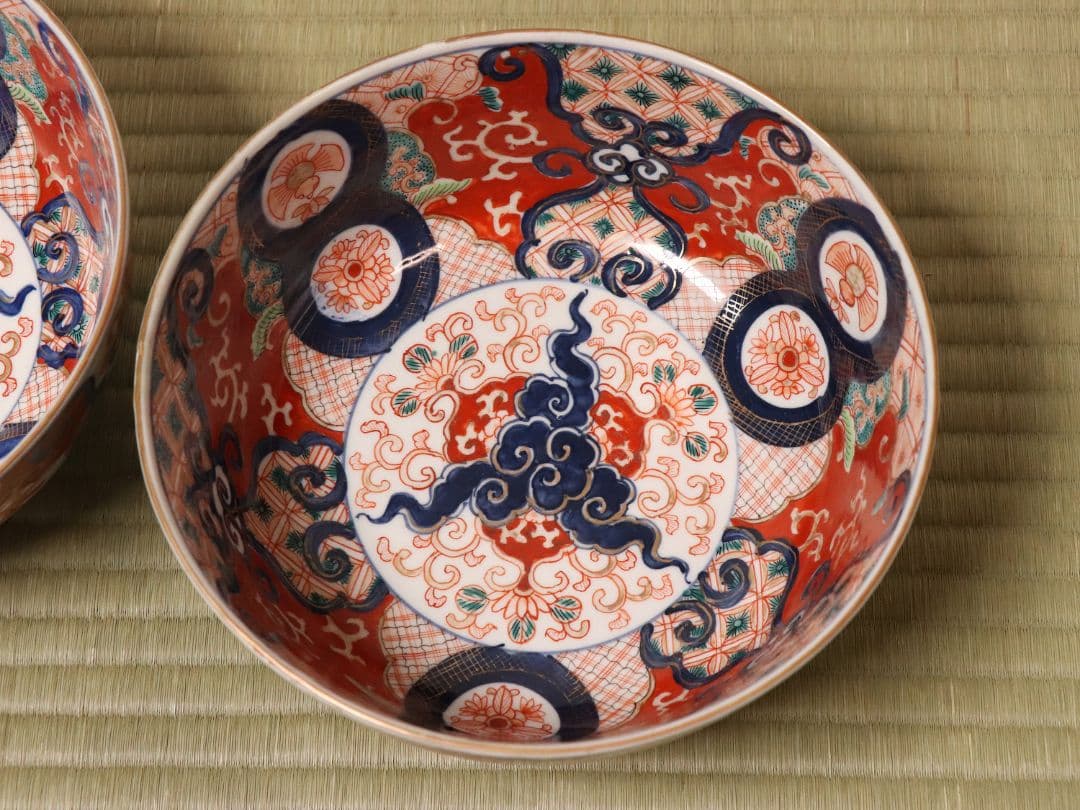 古伊万里 冨貴長春 色絵鉢 二客 福良雀 草花 唐草 錦手 中鉢【MA479】