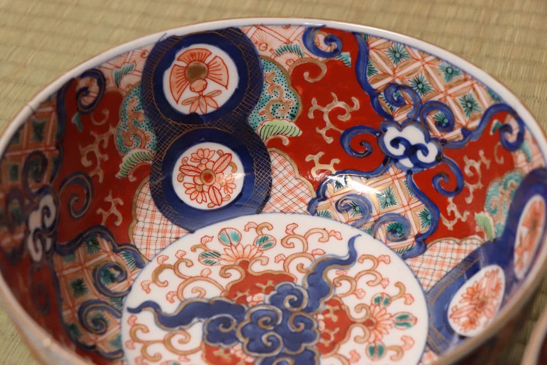 古伊万里 冨貴長春 色絵鉢 二客 福良雀 草花 唐草 錦手 中鉢【MA479】