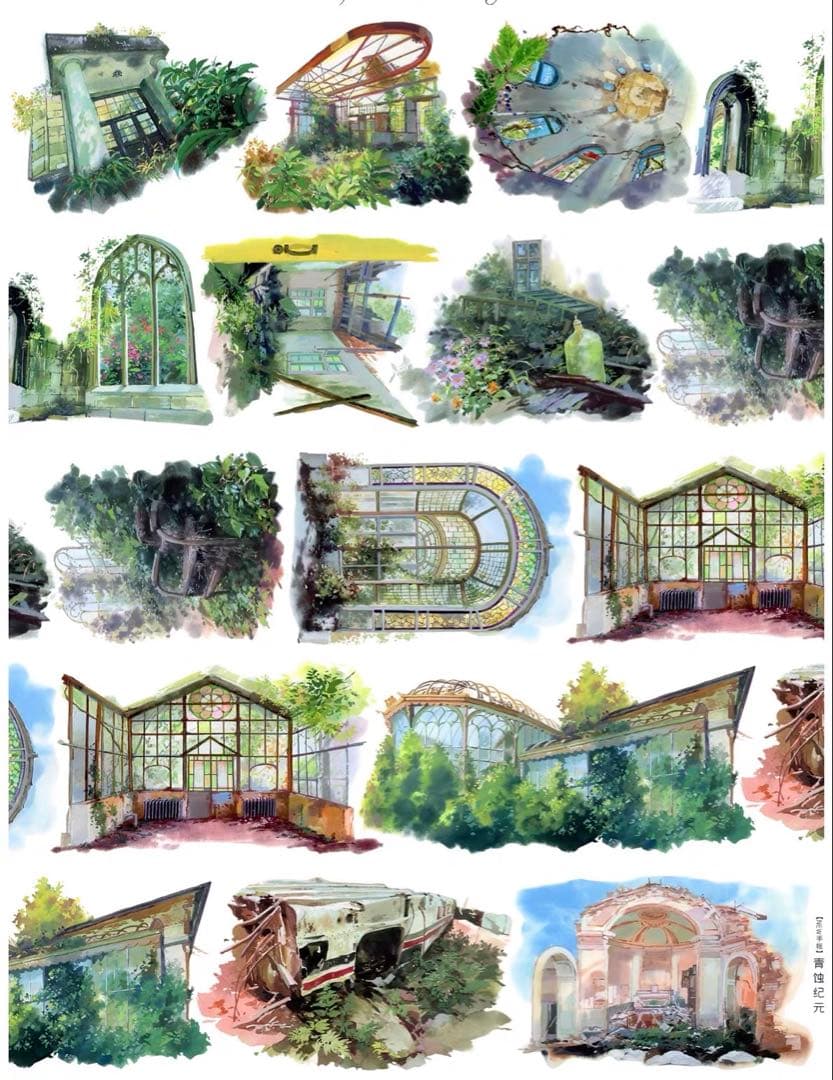 【9077】海外　マスキングテープ　5m巻　PETガラス屋根　アーチ窓　植物