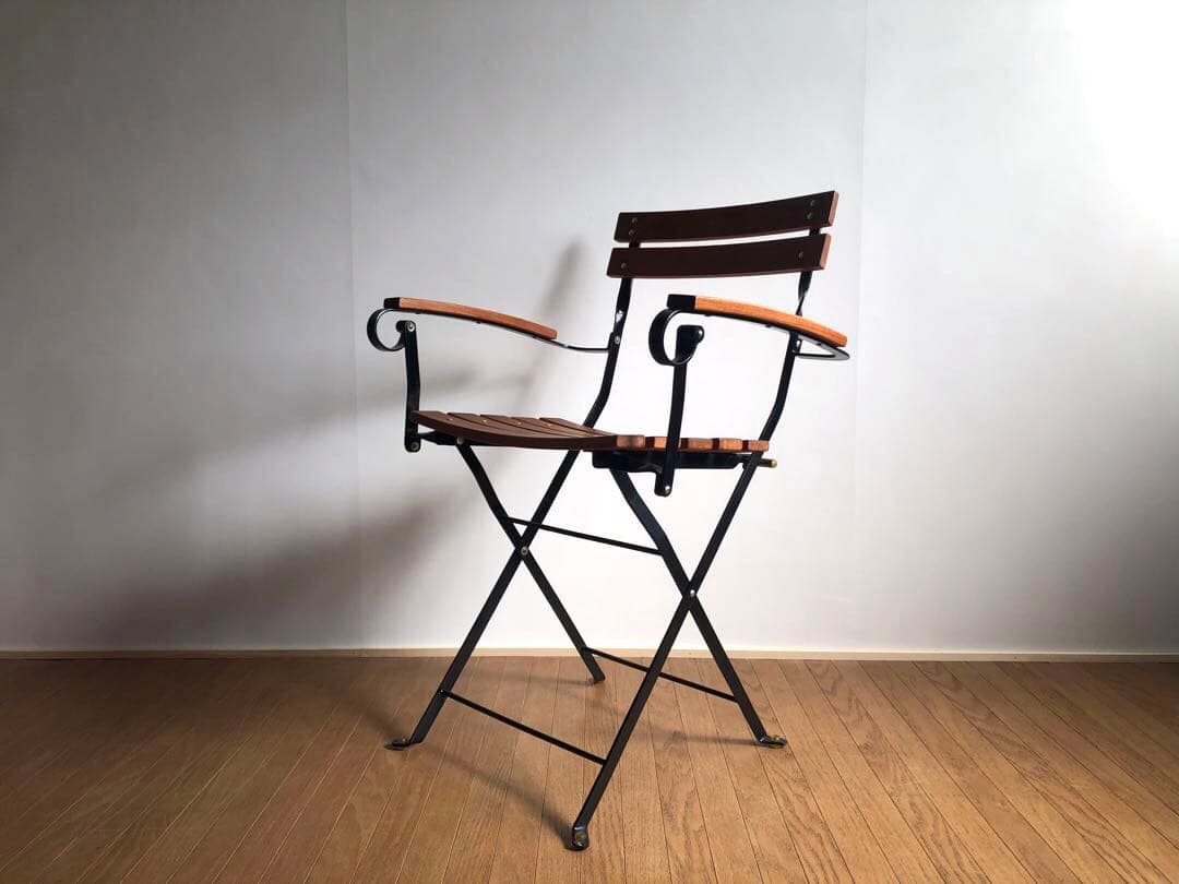 チーク無垢材×鉄枠 フォールディングチェア アーム付き フランス ヴィンテージ