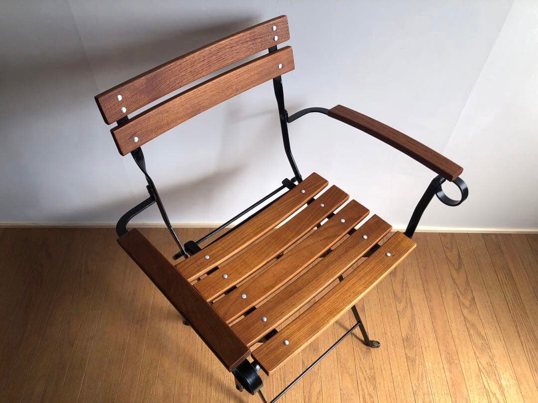 チーク無垢材×鉄枠 フォールディングチェア アーム付き フランス ヴィンテージ