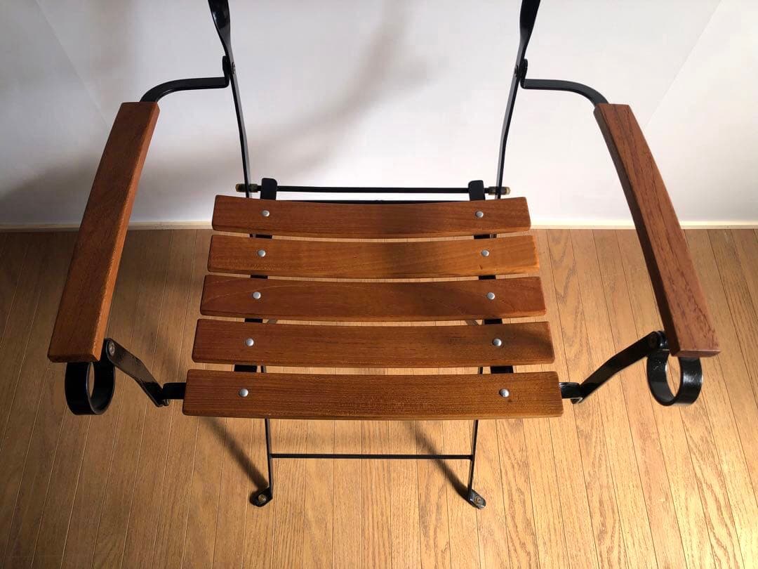 チーク無垢材×鉄枠 フォールディングチェア アーム付き フランス ヴィンテージ