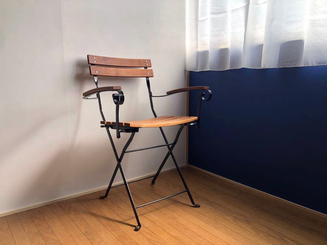 チーク無垢材×鉄枠 フォールディングチェア アーム付き フランス ヴィンテージ