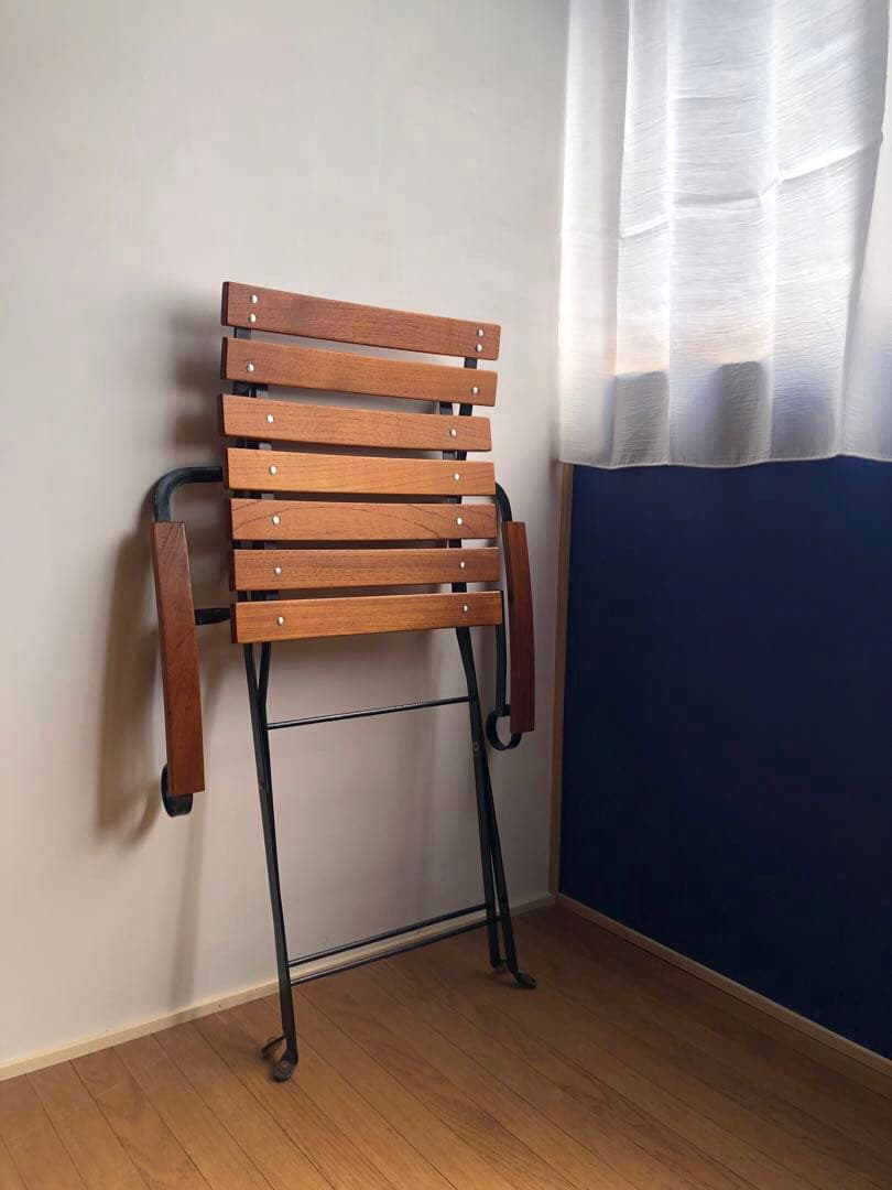 チーク無垢材×鉄枠 フォールディングチェア アーム付き フランス ヴィンテージ