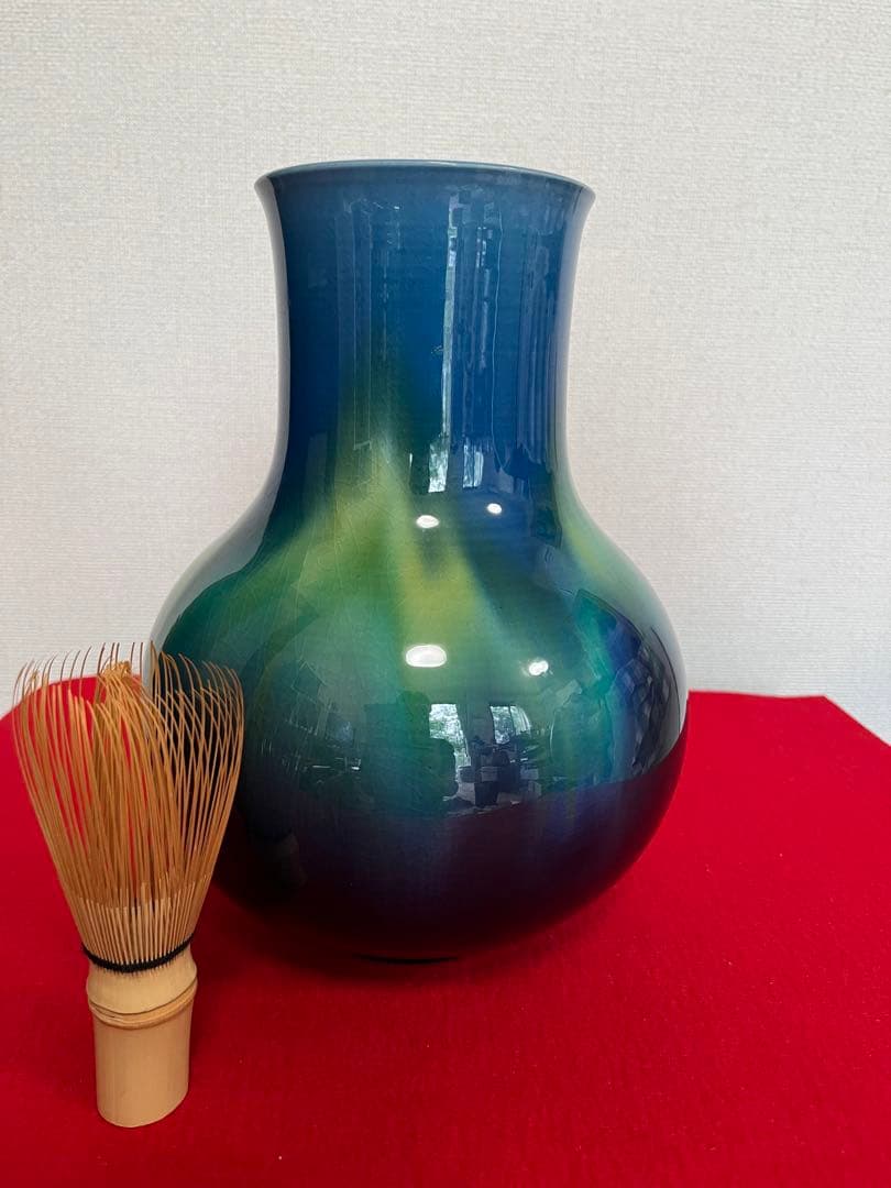 人間国宝 三代 徳田八十吉（正彦銘）碧明釉 花入 高さ 約23.5㎝ T213