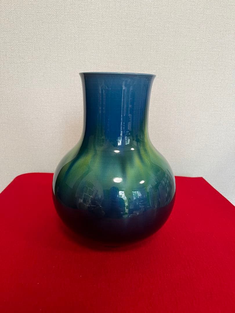 人間国宝 三代 徳田八十吉（正彦銘）碧明釉 花入 高さ 約23.5㎝ T213