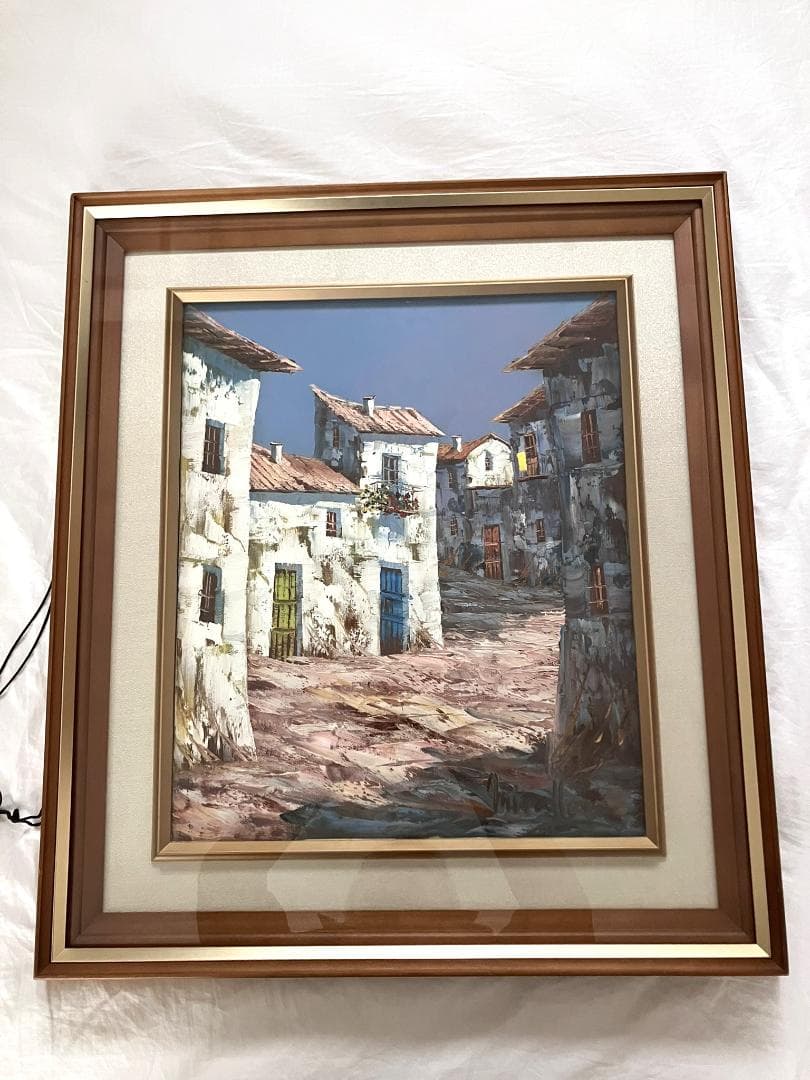 絵画　油彩　風景画　街並み　額装　ヴィンテージアート 油彩額縁付き