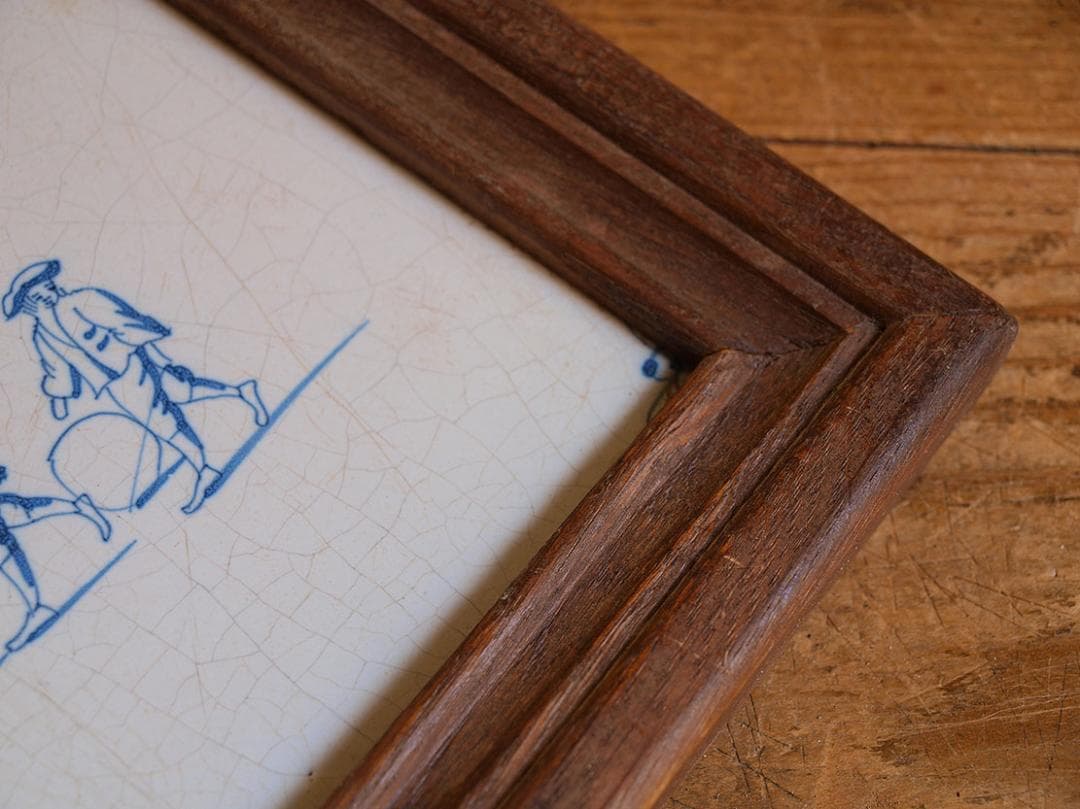 デルフトタイル 輪回しで遊ぶ子供たち 額縁付き 民藝 工藝 /J544