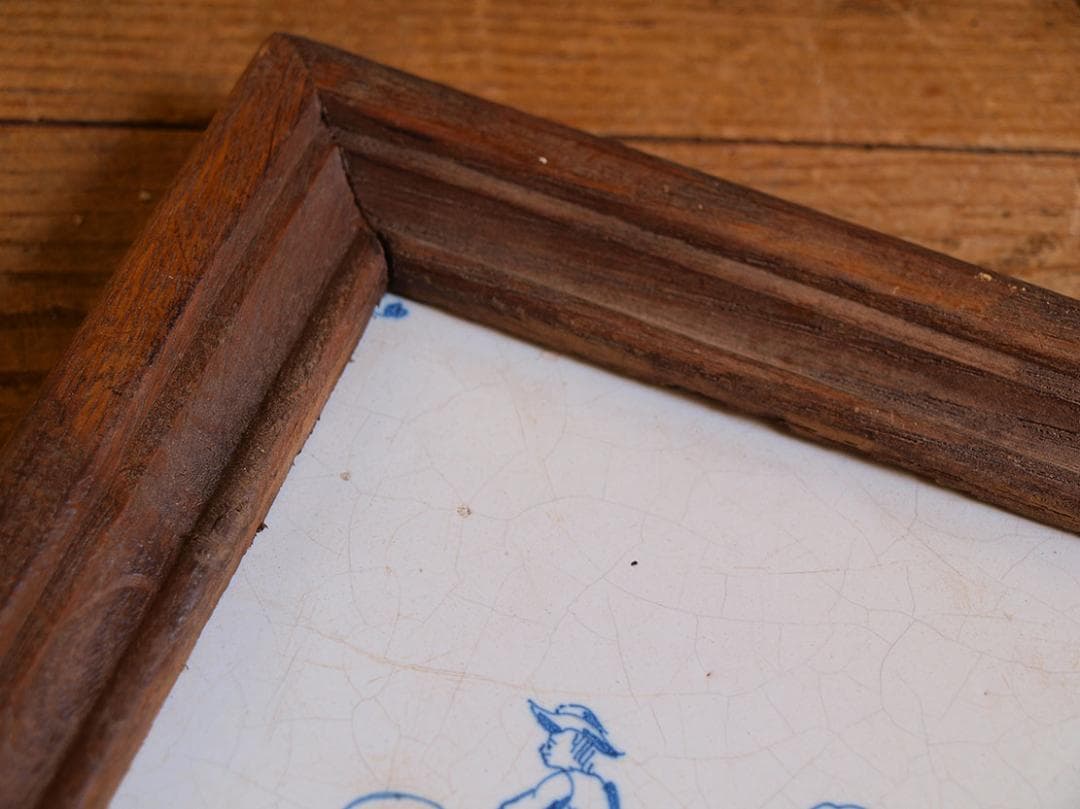 デルフトタイル 輪回しで遊ぶ子供たち 額縁付き 民藝 工藝 /J544