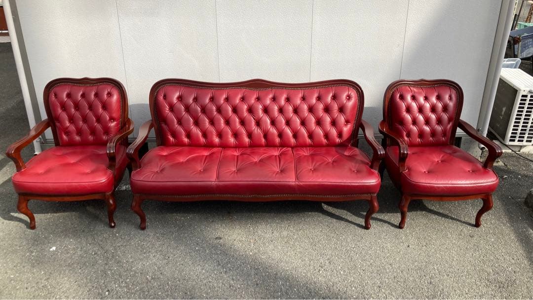 西洋アンティーク革ソファ3点セット引き取り可能　送料別途必要