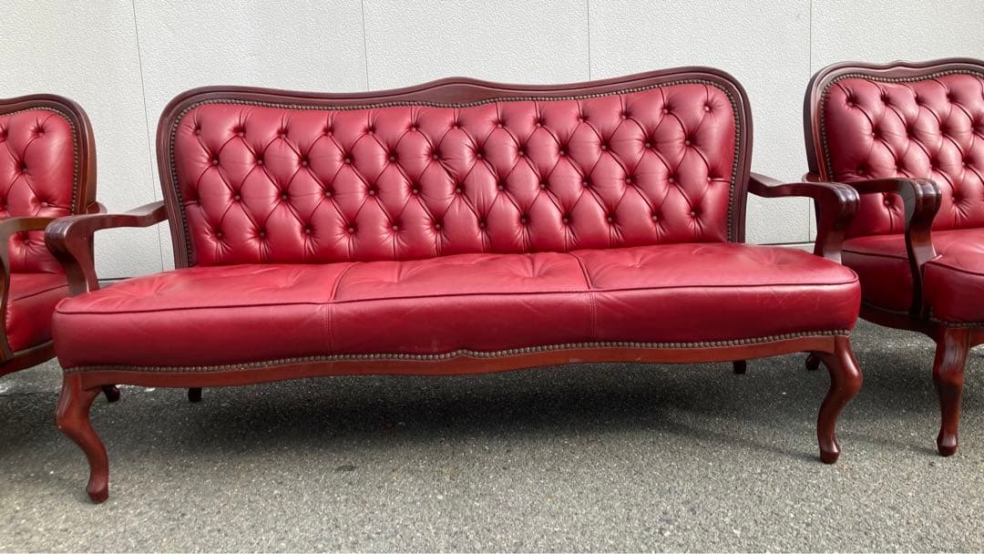 西洋アンティーク革ソファ3点セット引き取り可能　送料別途必要