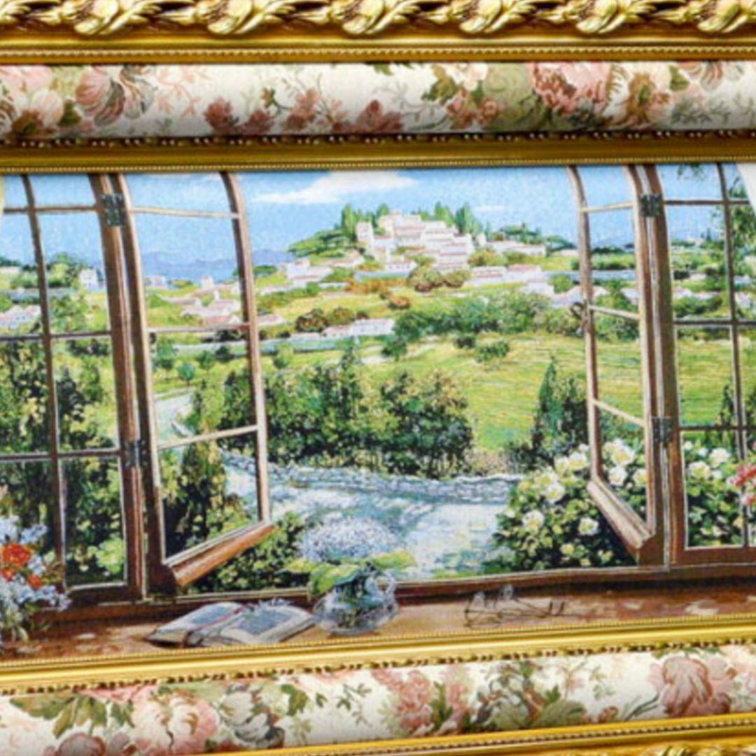 絵画　『窓から眺める丘』　フランス・ゴブラン織り使用　良質キャンバス　豪華　額絵