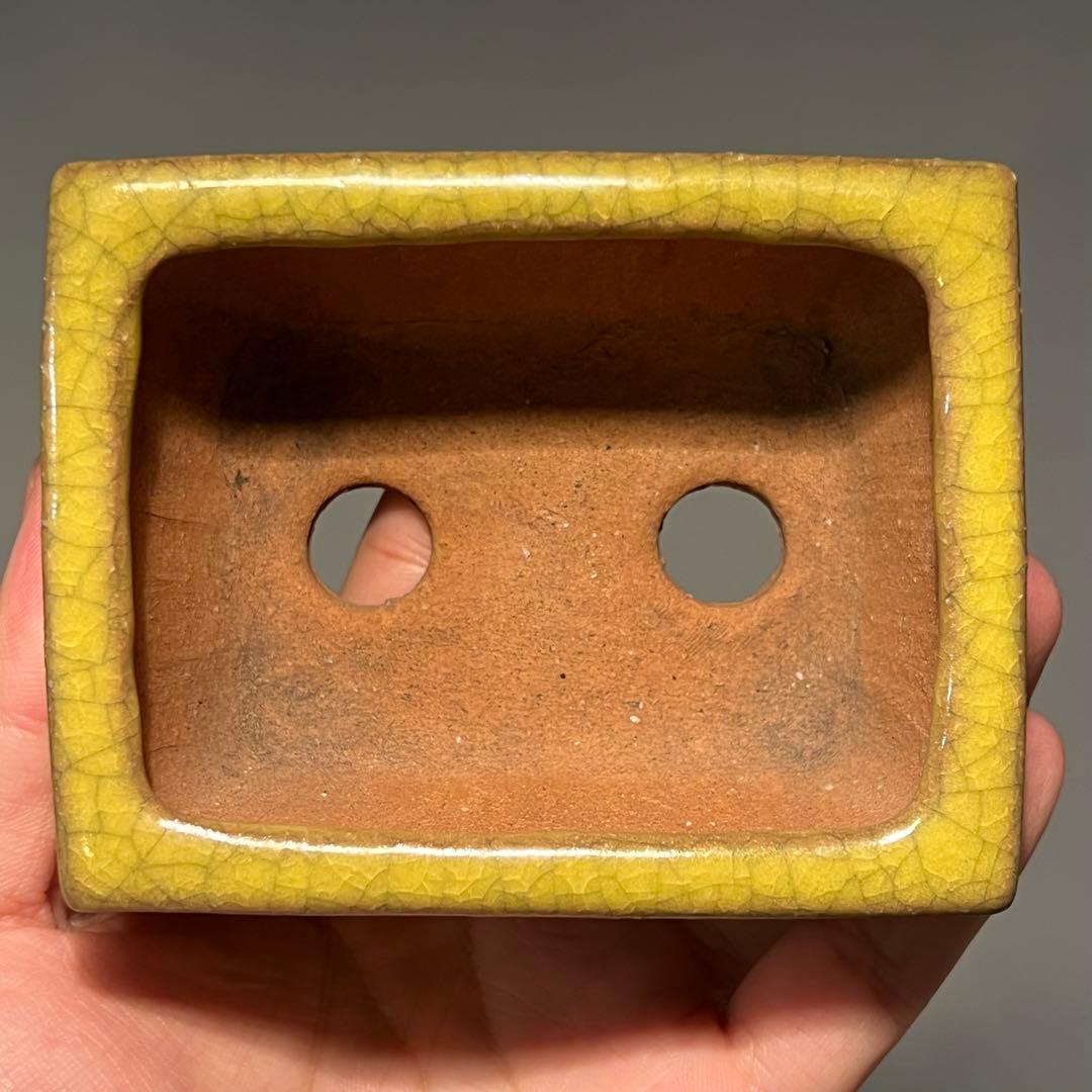 814.暁雲 黄貫入釉長方 盆栽鉢 植木鉢 10.1*7.9*5cm