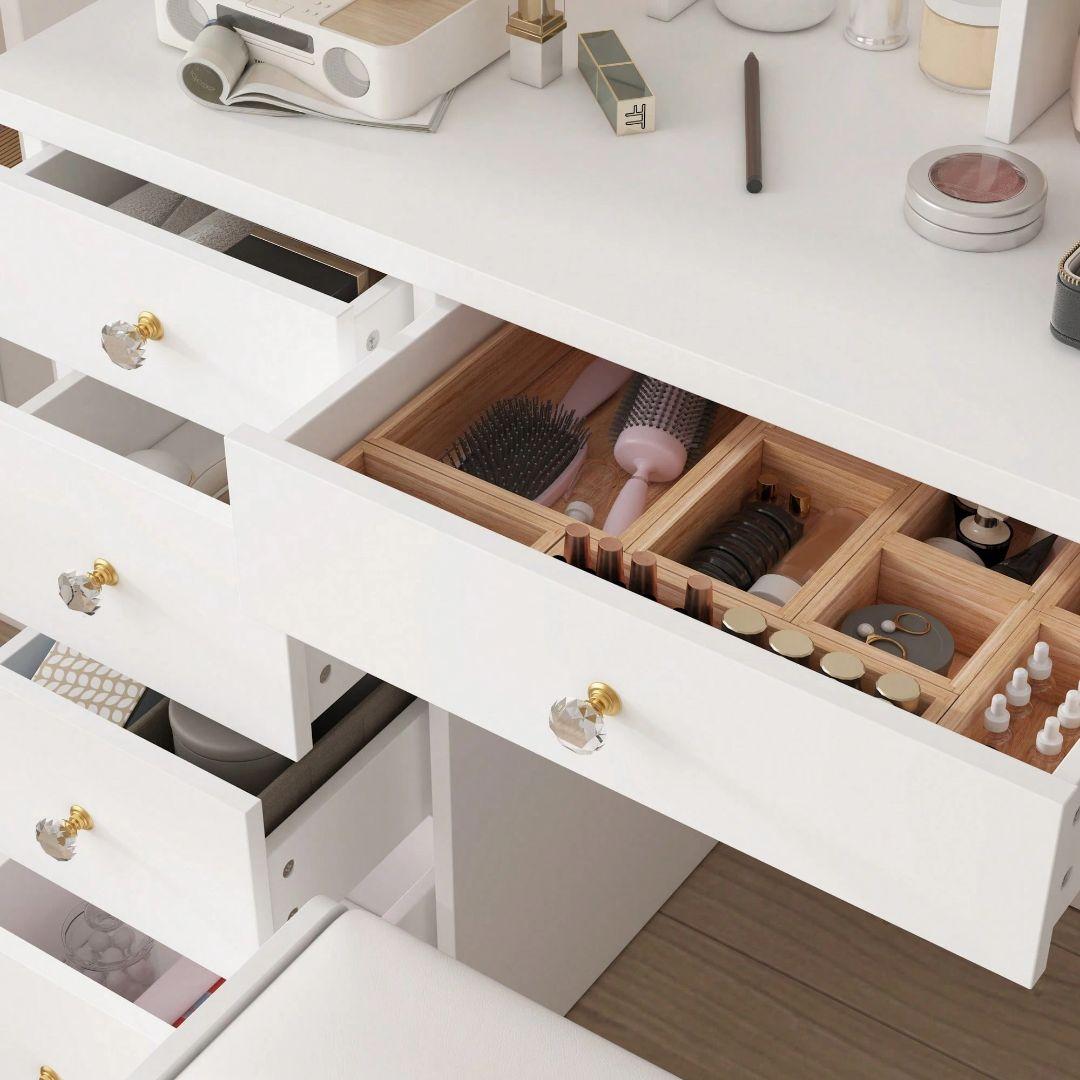 3 色 LED ライトと多機能収納を備えたコンパクトな白い化粧台。