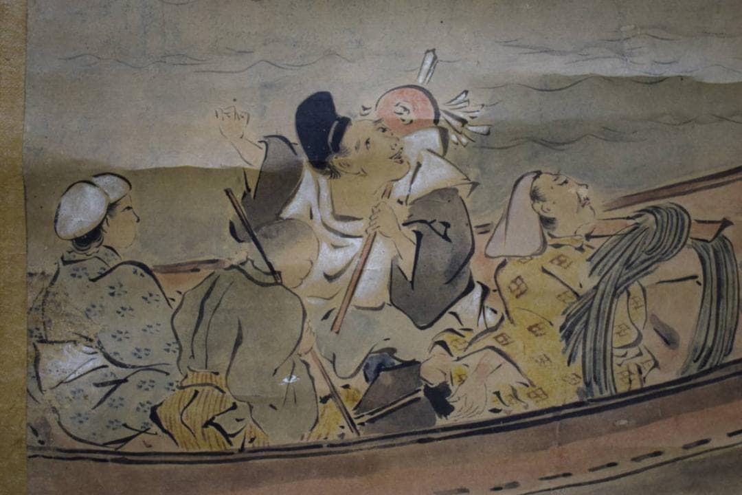 真作/英一蝶/舟人物図/船頭図/大幅/布袋屋掛軸HH-972