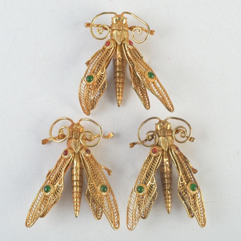 古銅鍍金　玉石装飾　蜻蛉など　昆虫　置物　4点まとめて　V　9552