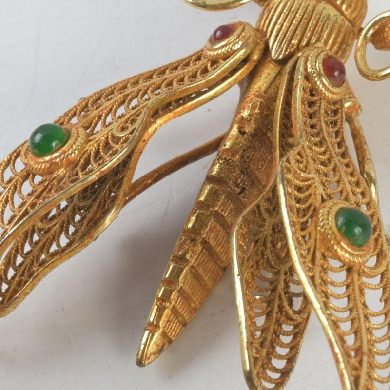 古銅鍍金　玉石装飾　蜻蛉など　昆虫　置物　4点まとめて　V　9552