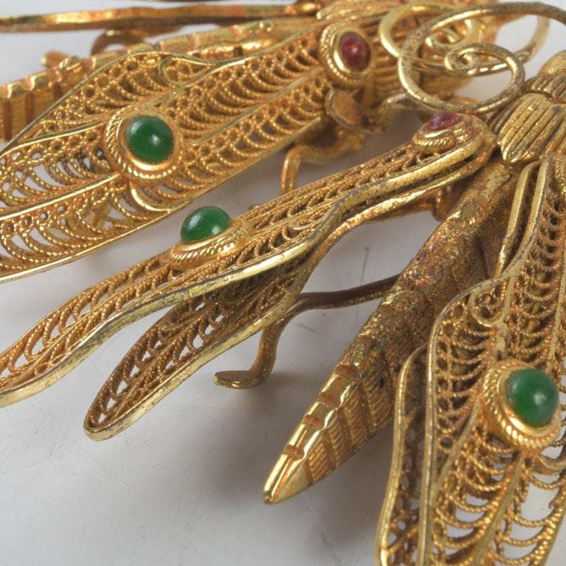 古銅鍍金　玉石装飾　蜻蛉など　昆虫　置物　4点まとめて　V　9552