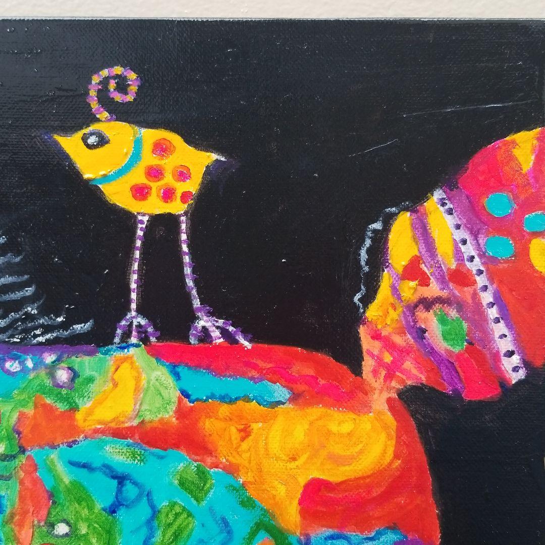 油絵　専用　大好きな馬に乗る鳥