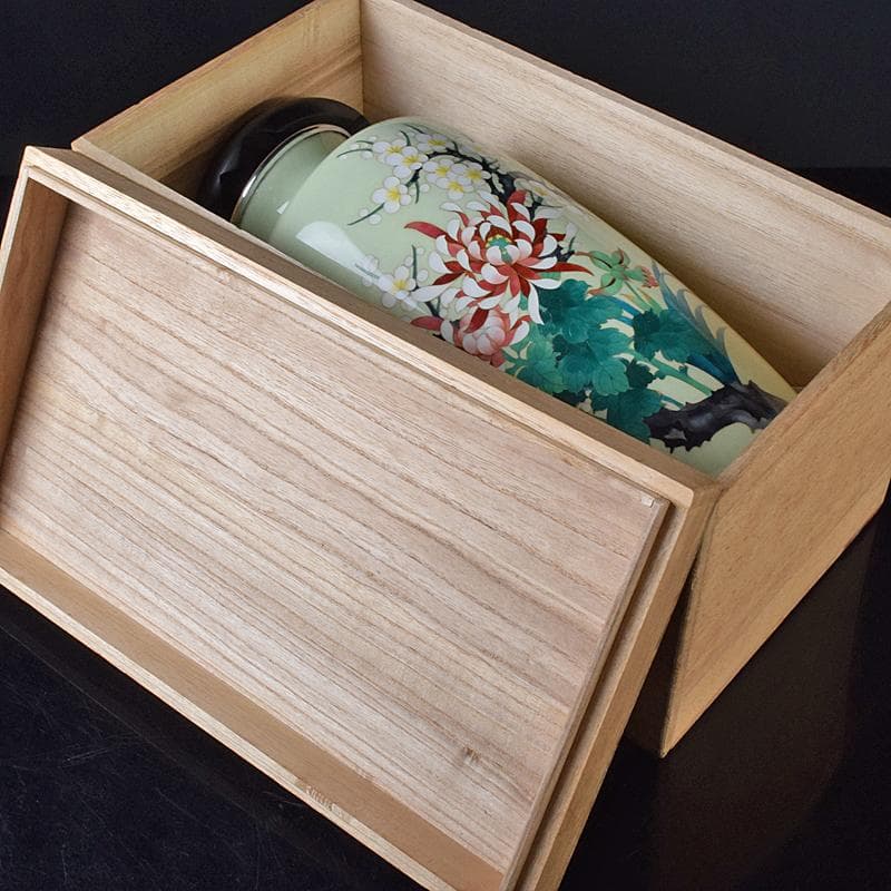 七宝焼　四君子文　花瓶　唐木台・時代箱付　M　R8383B