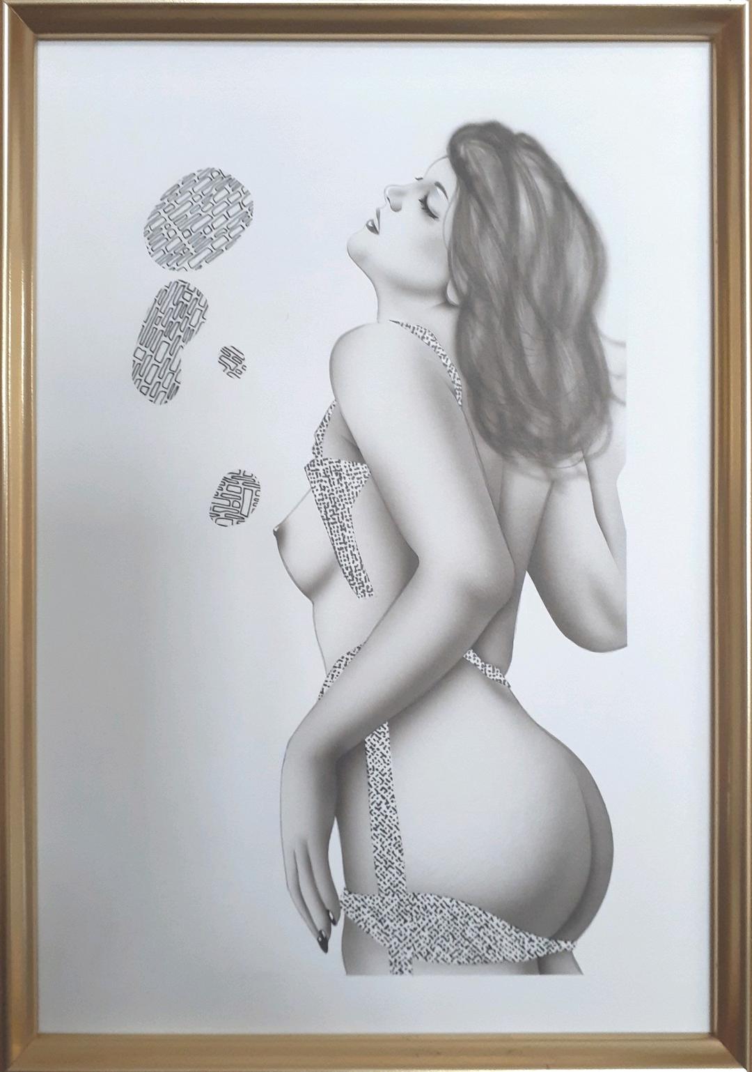 作者不明　女性像　上紙貼り付け仕上げ　SM　額装