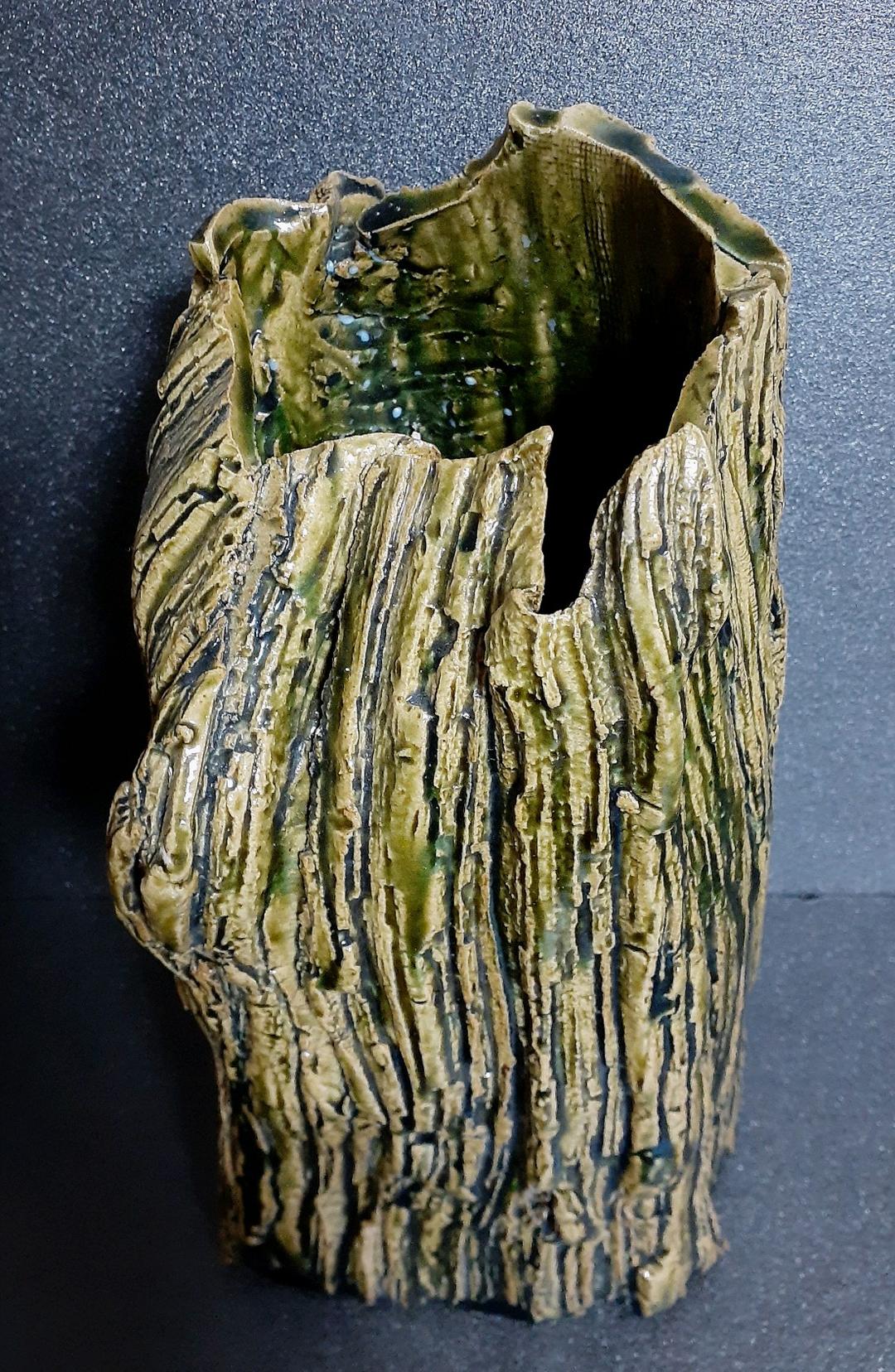 日本工芸会正会員　織部焼　【山田正和】造　木目　花生　花入れ　共箱　茶道具　茶器