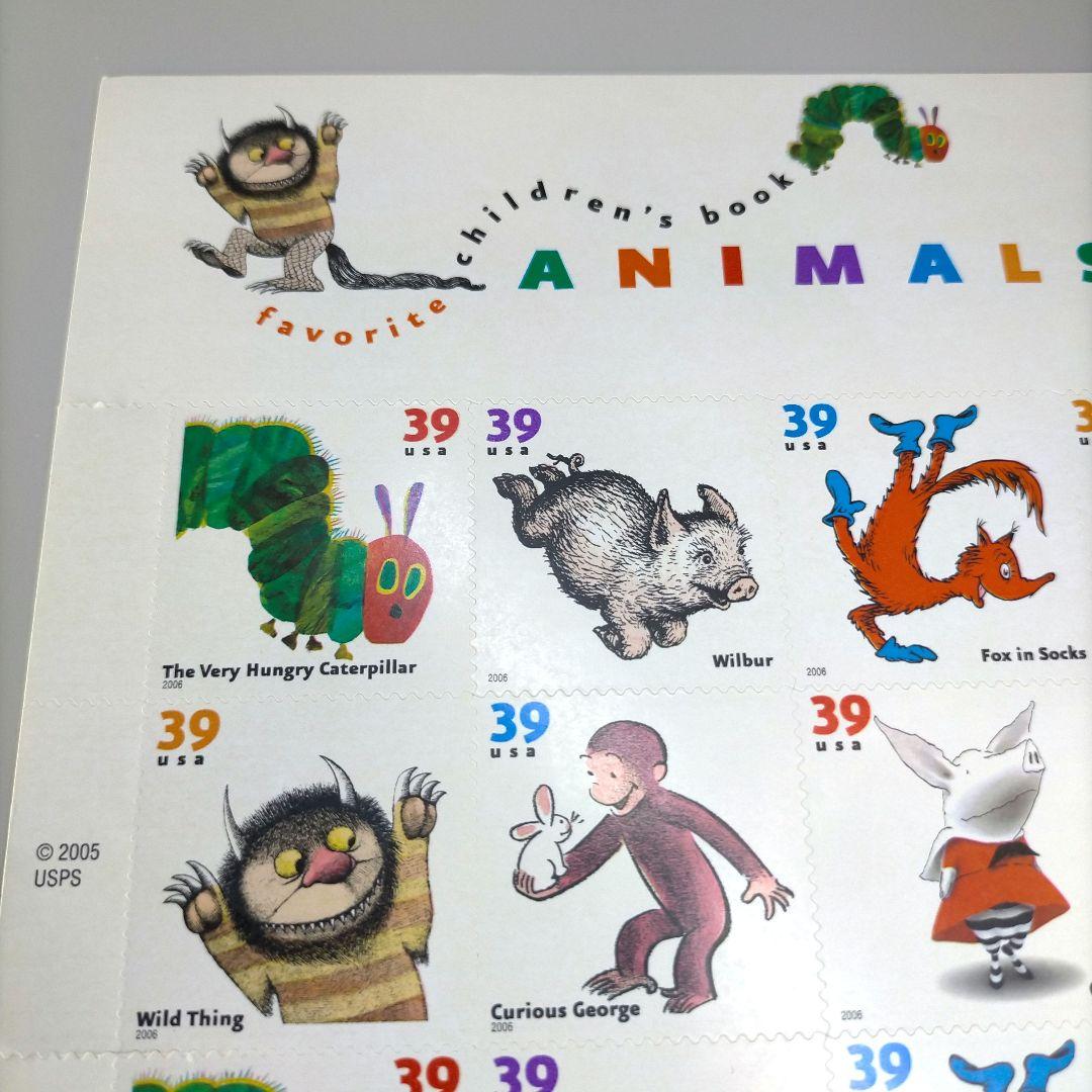 【売約】2363 外国切手 アメリカ 児童画 動物 セルフ糊田型x4セットシート
