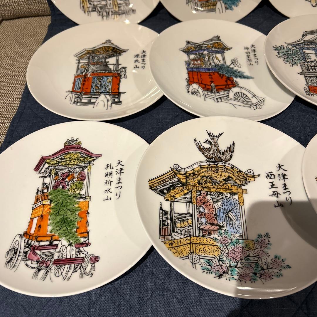 骨董　大津絵　大津祭　和陶器　皿　山車デザインの皿セット（12枚）　直径約21㎝