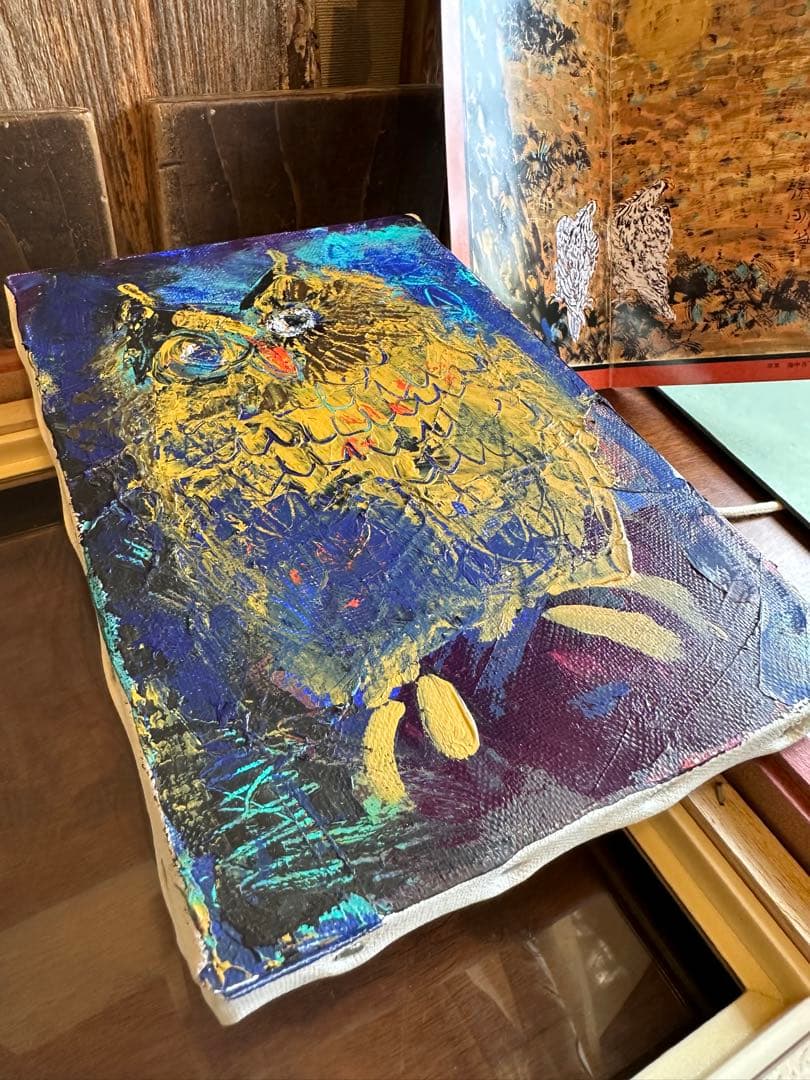 渡辺俊明　油彩画　フクロウ　梟　ミミズク　木兎　木版画包装紙　画虫居パンフレット