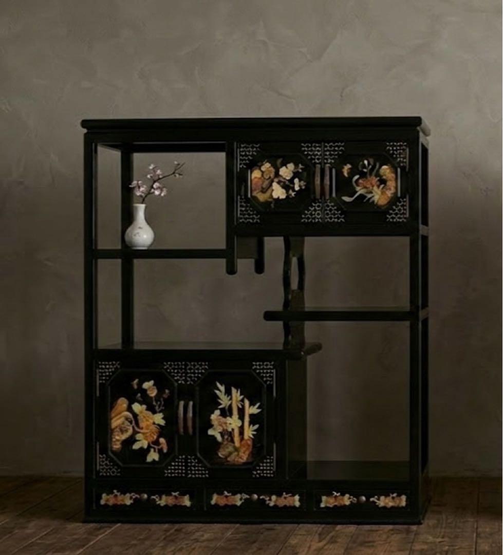 黒塗　螺鈿箪笥　飾り棚　玉石木製箪笥　花鳥模様