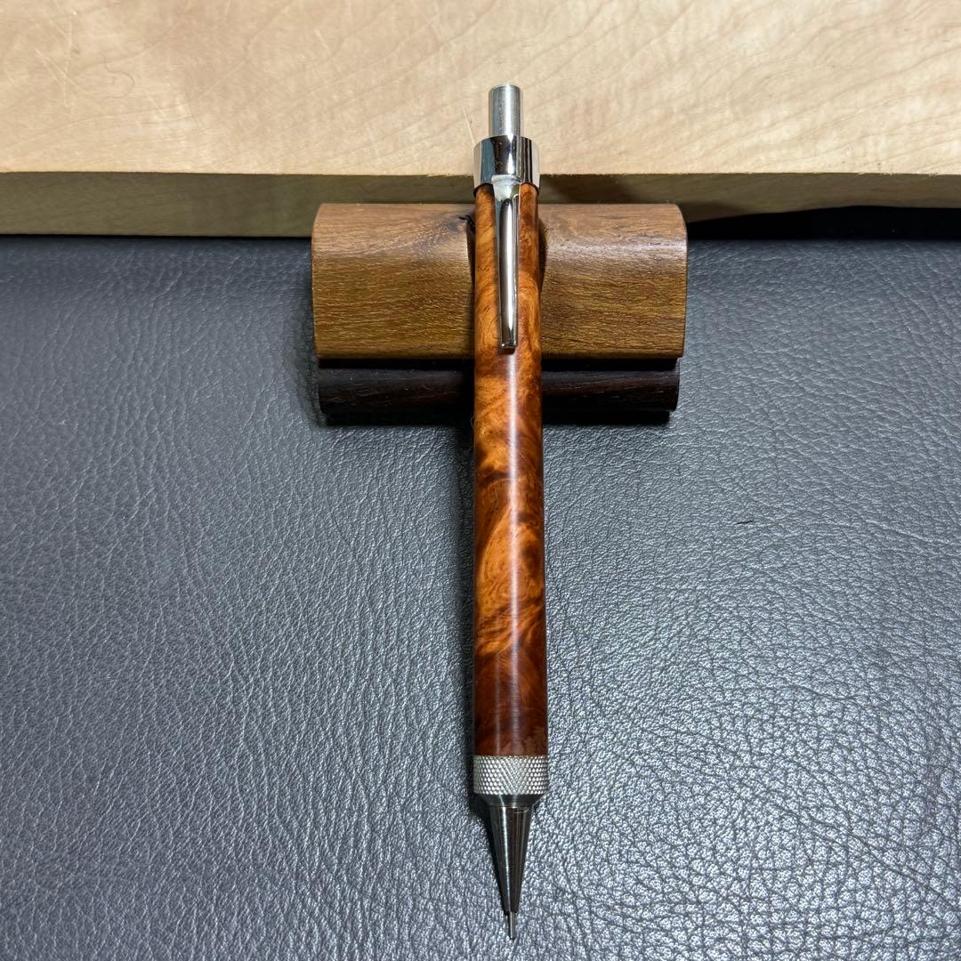 125花梨瘤濃色源平柄　木製シャーペン　強低重心R ステンレスローレット