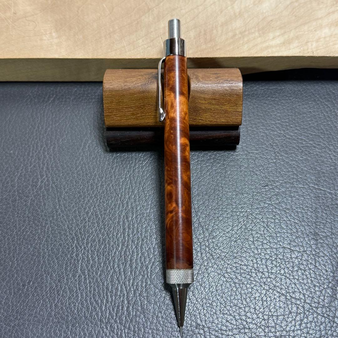 125花梨瘤濃色源平柄　木製シャーペン　強低重心R ステンレスローレット