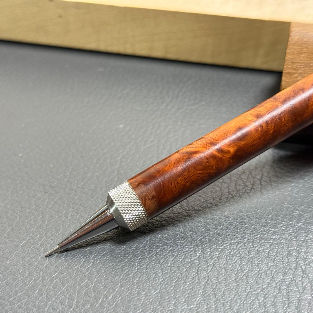 125花梨瘤濃色源平柄　木製シャーペン　強低重心R ステンレスローレット