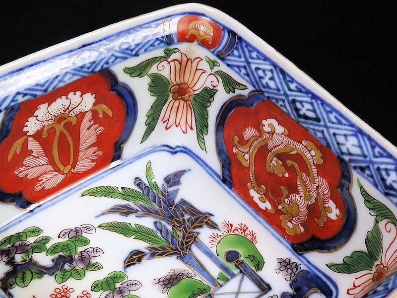 古伊万里　金襴手　欄干に芭蕉葉の図　四方角向付　A105AS-BQi