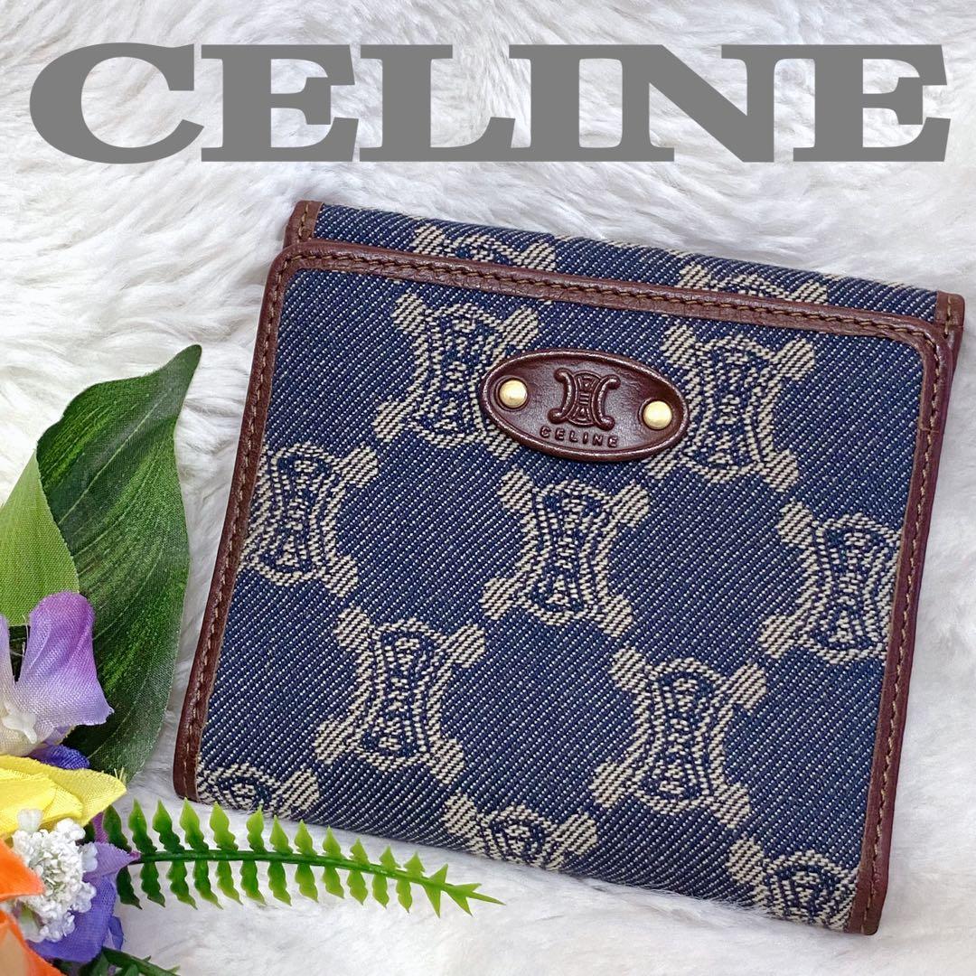 CELINE 二つ折り財布 デニム インディゴ レザー トリオンフ キャンバス