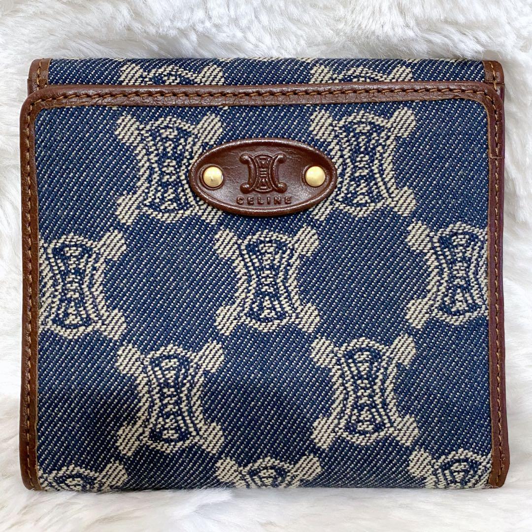 CELINE 二つ折り財布 デニム インディゴ レザー トリオンフ キャンバス