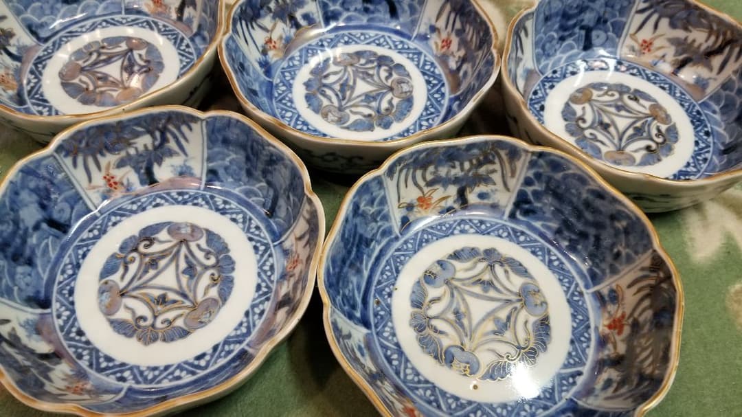 値下げ限界江戸後期蛇の目高台上手古伊万里 冨貴長春在銘 輪花なます皿 5客セット