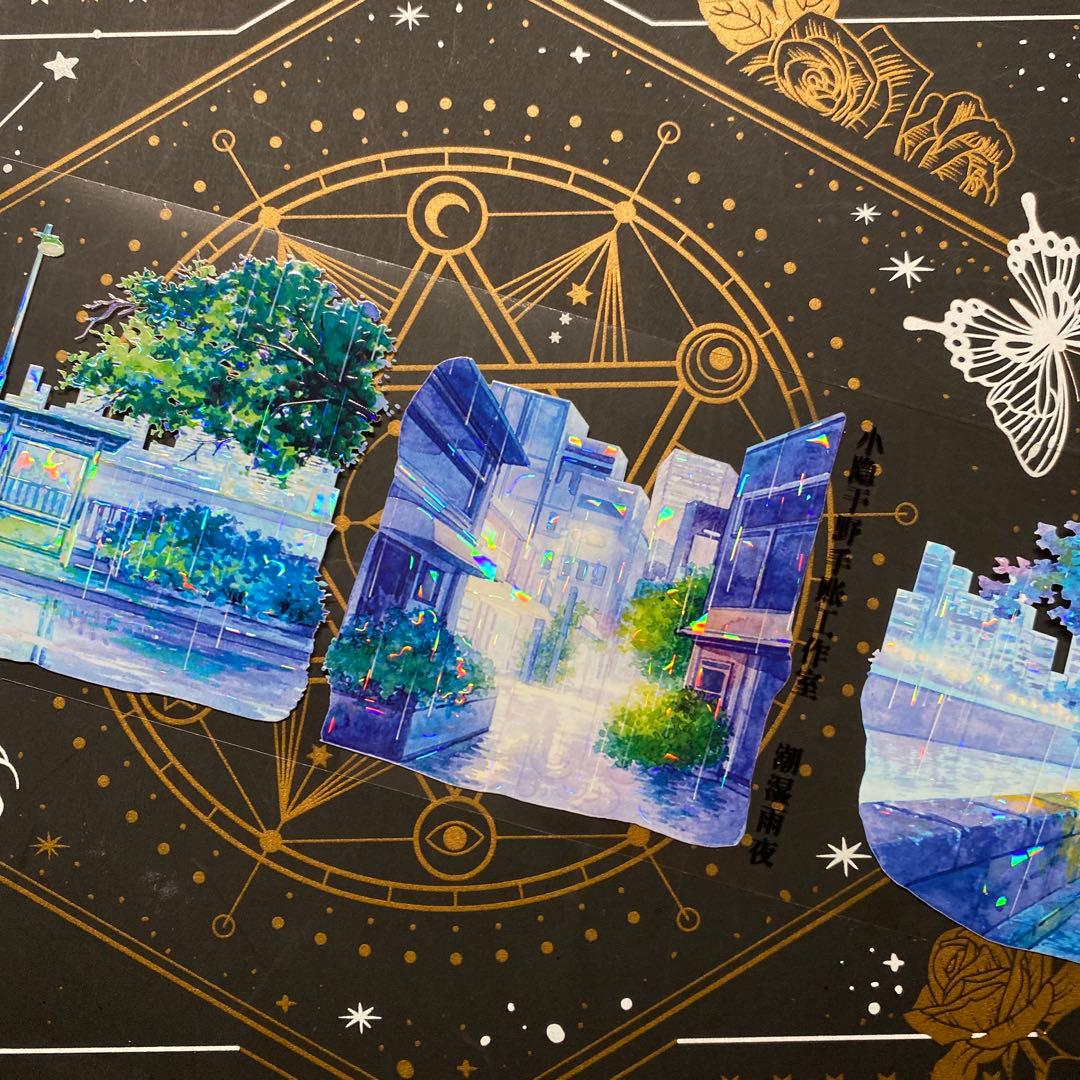 【9315】海外　マステ　中古巻　貝殻光マスキングテープ　雨景色　夜　装飾背景系