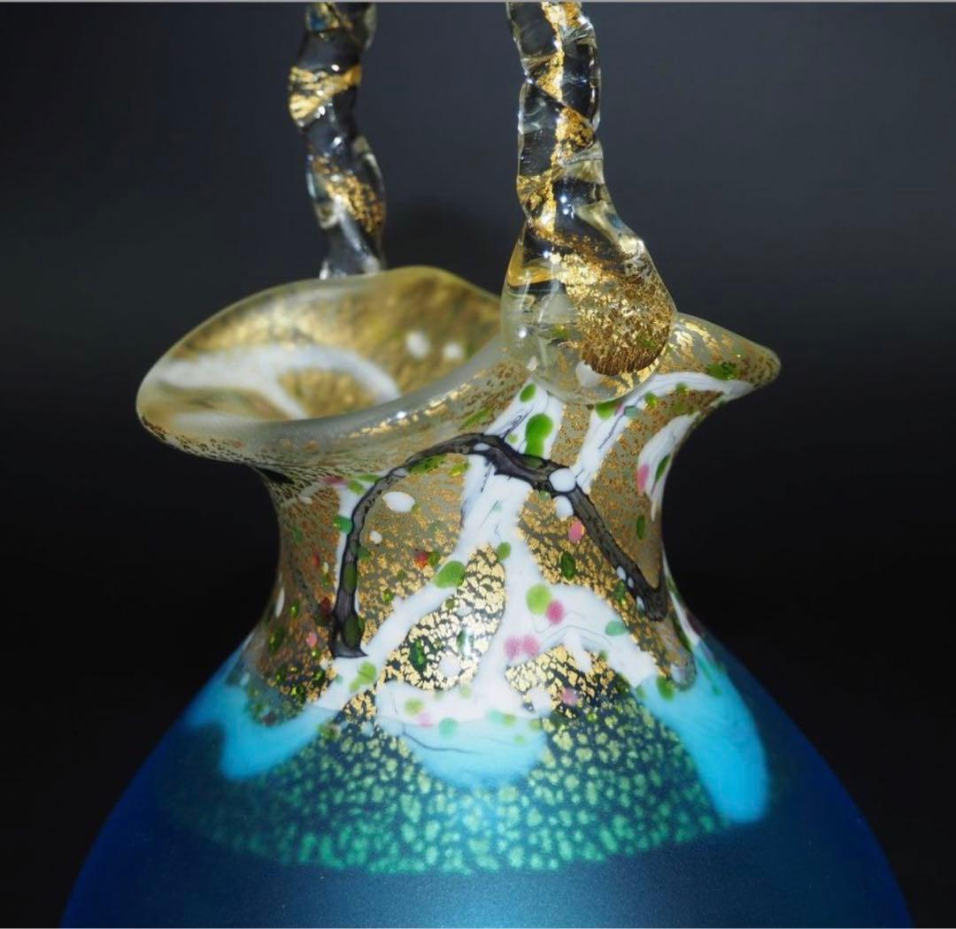 送料無料現代ガラス芸術界の巨匠『黒木国昭』作金彩象嵌ガラス花器『光琳金彩手付』