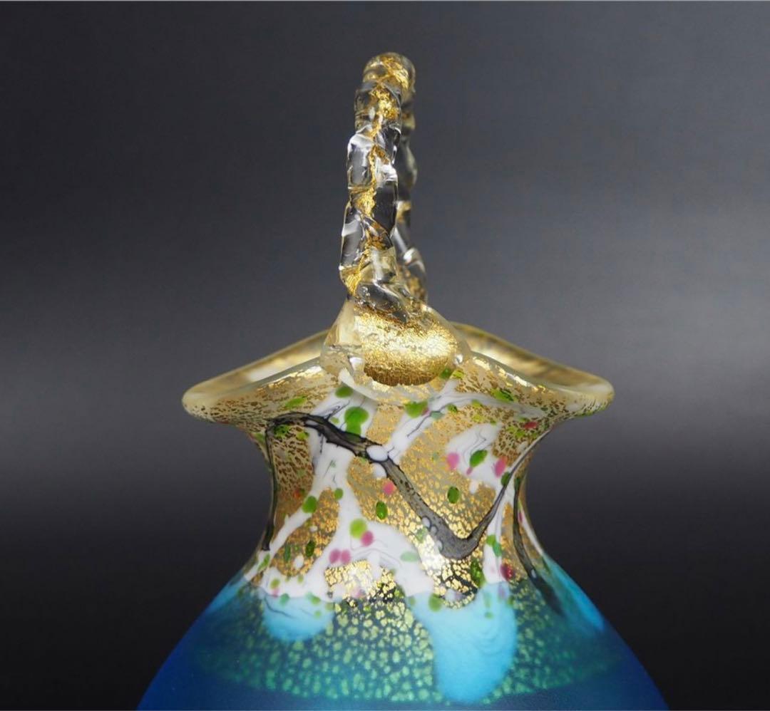 送料無料現代ガラス芸術界の巨匠『黒木国昭』作金彩象嵌ガラス花器『光琳金彩手付』