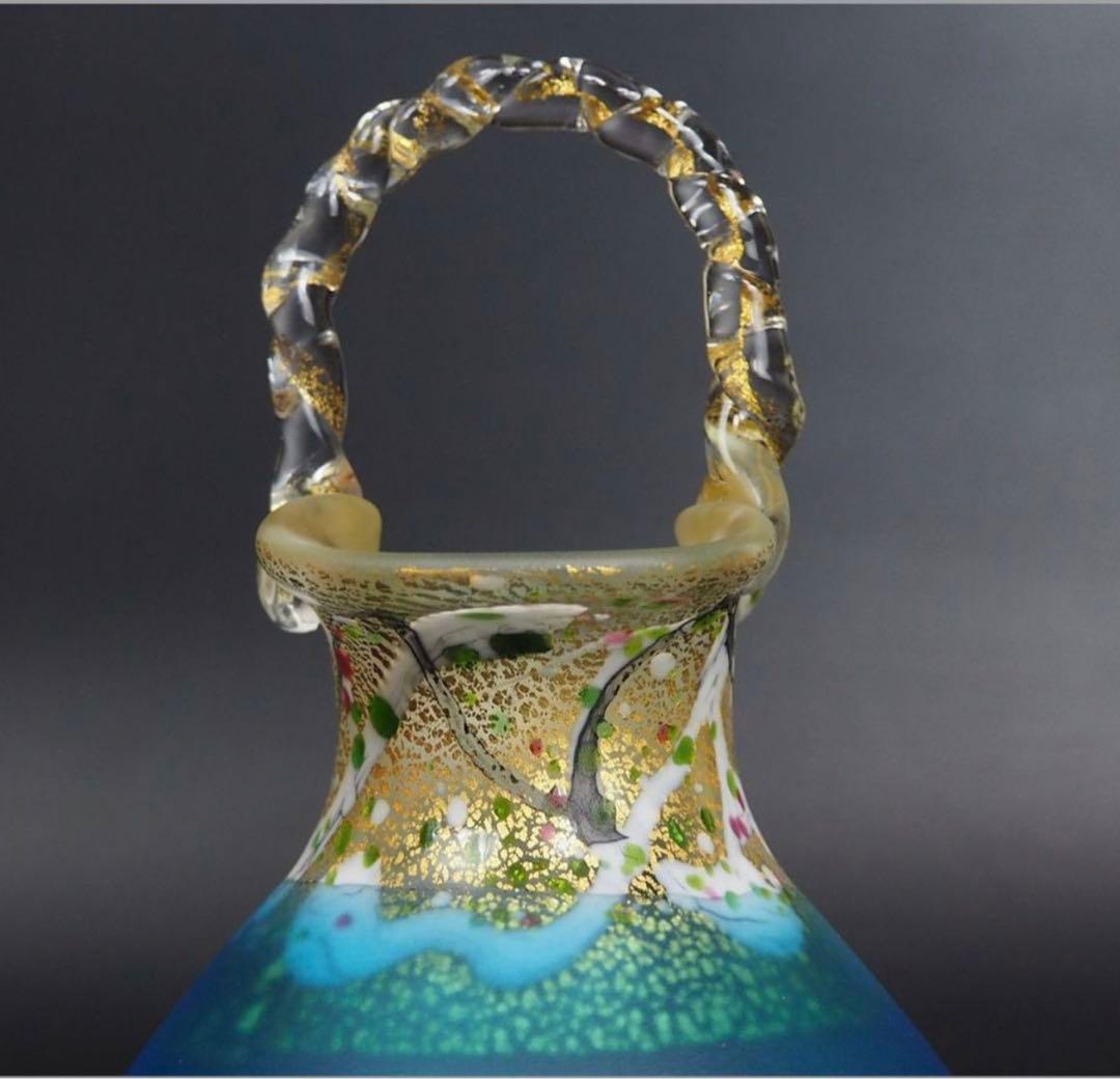 送料無料現代ガラス芸術界の巨匠『黒木国昭』作金彩象嵌ガラス花器『光琳金彩手付』