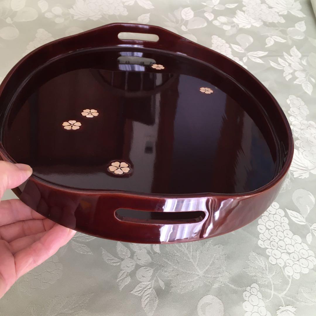 GG様リクエスト　輪島塗り　田村製/螺鈿桜文/ラウンド型手付き盆　ボルドーカラー