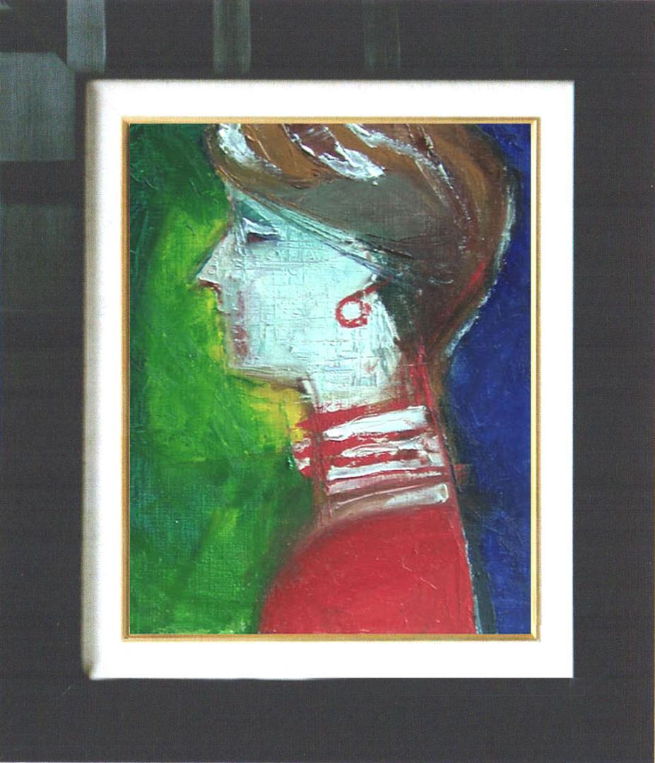 油絵 菅家令子 絵 絵画インテリア額付(青緑＋金色の枠)F4-070502人物女