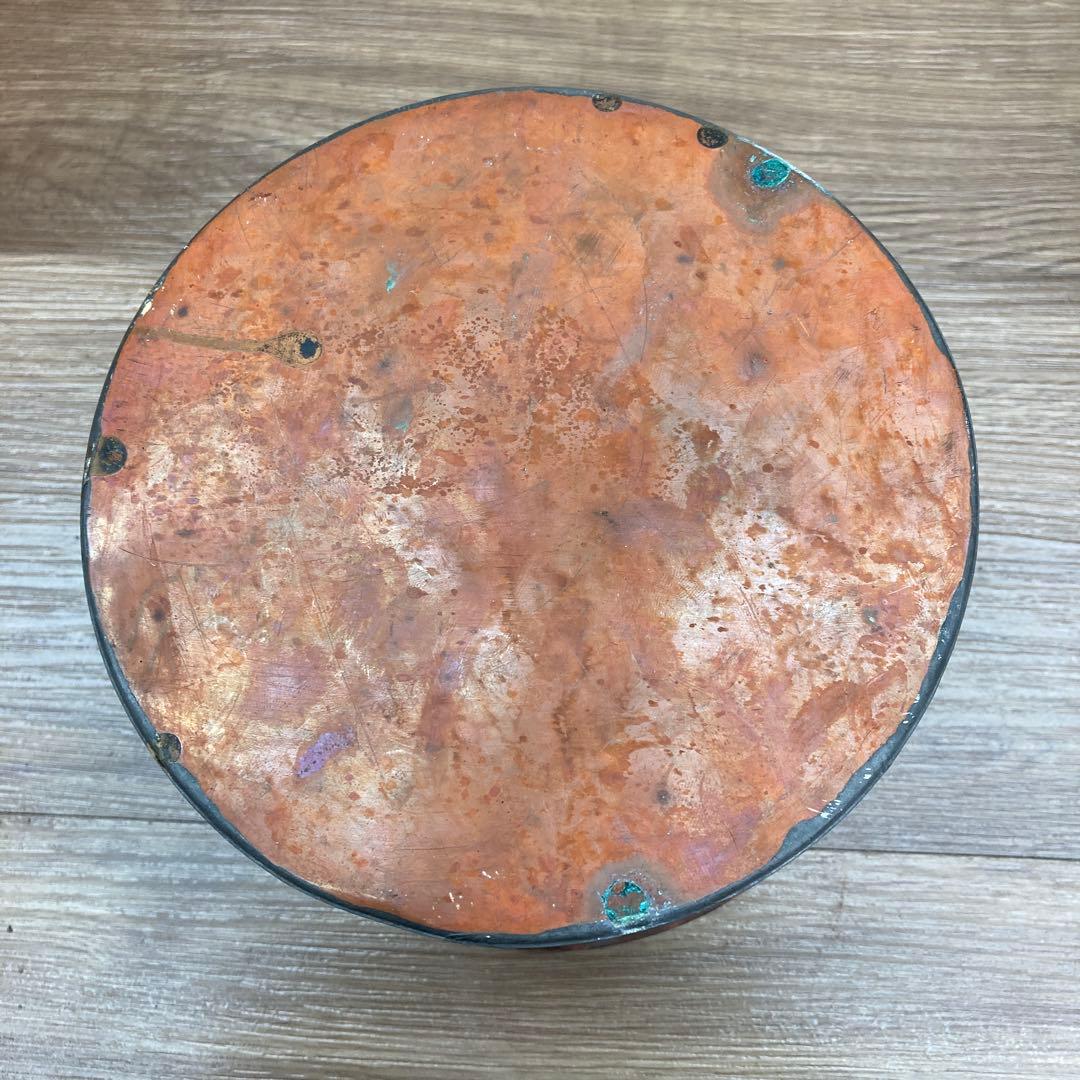 E-1 【希少】アンティーク 木製 手炙り火鉢 銅製落とし付き くり抜き 古道具