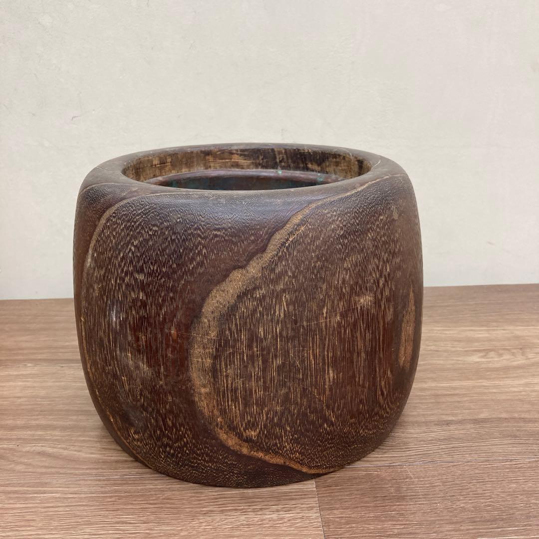 E-1 【希少】アンティーク 木製 手炙り火鉢 銅製落とし付き くり抜き 古道具