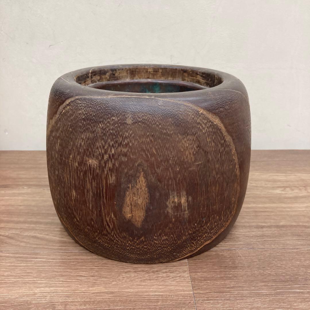 E-1 【希少】アンティーク 木製 手炙り火鉢 銅製落とし付き くり抜き 古道具