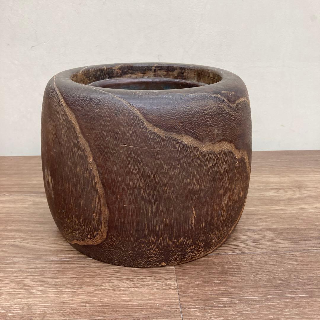 E-1 【希少】アンティーク 木製 手炙り火鉢 銅製落とし付き くり抜き 古道具