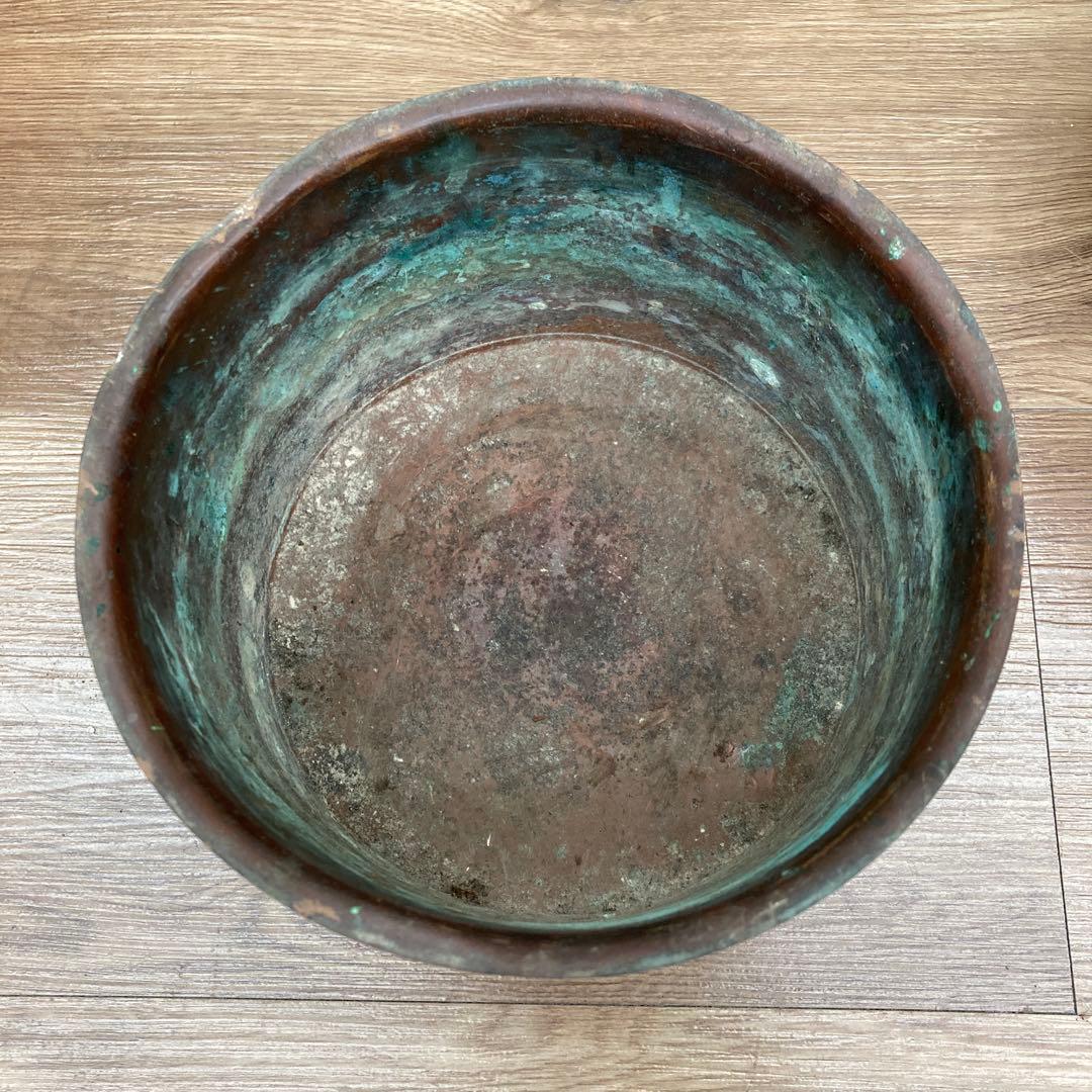 E-1 【希少】アンティーク 木製 手炙り火鉢 銅製落とし付き くり抜き 古道具