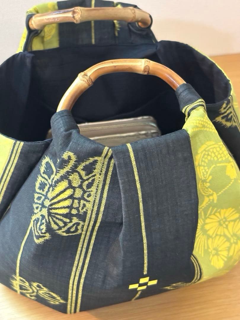 和装バック　着物バック　琉球柄　蝶と鯉みんさー柄（黄色）　入学卒業結婚七五三振袖