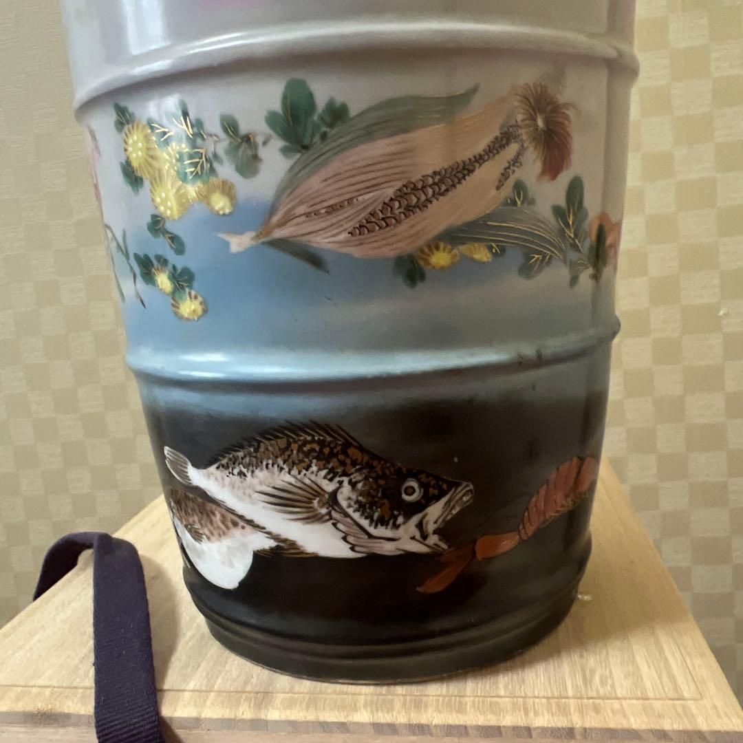 明治期超絶品九谷焼最高絵付　魚野菜尽くし手桶形水指　本物保証　逸品！